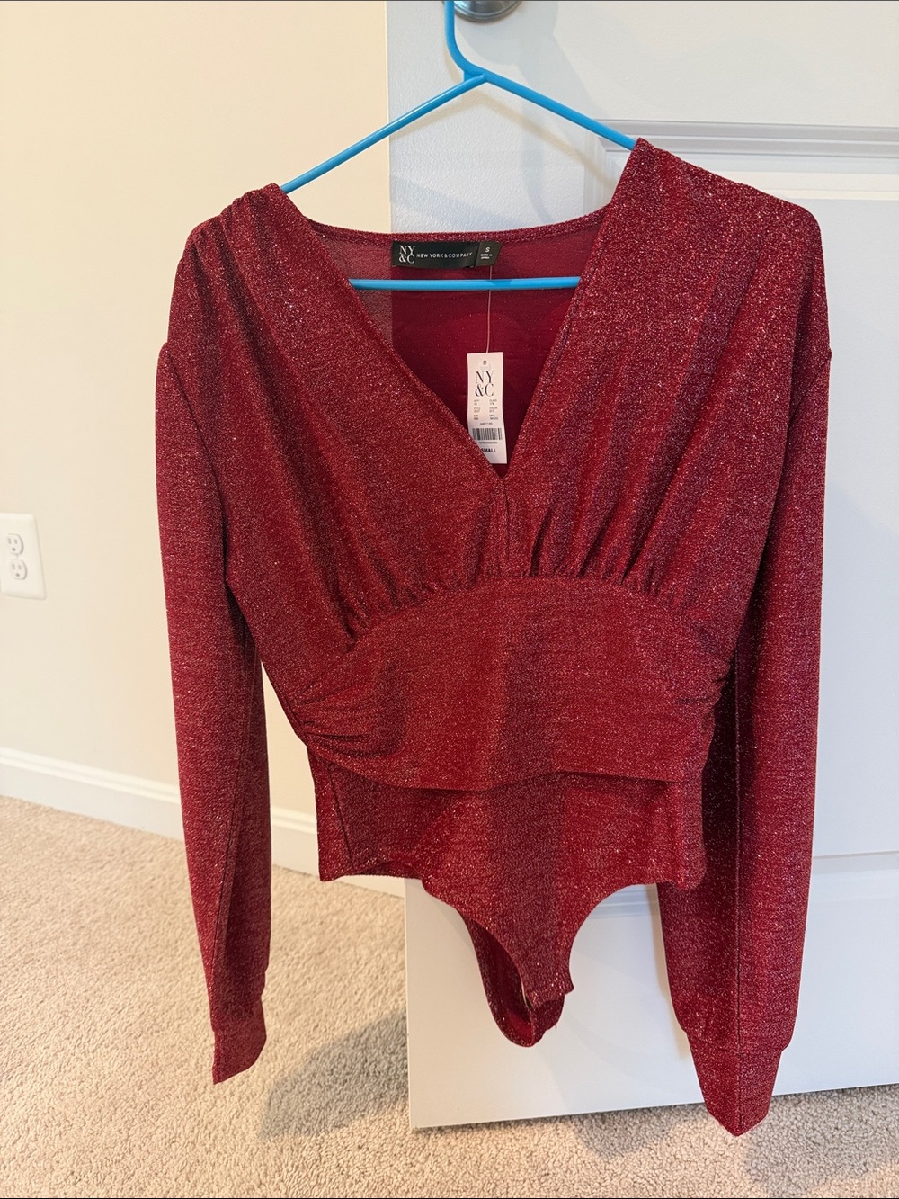 New York & Company Shimmery Burgundy Red V-Neck Long Sleeve Bodysuit